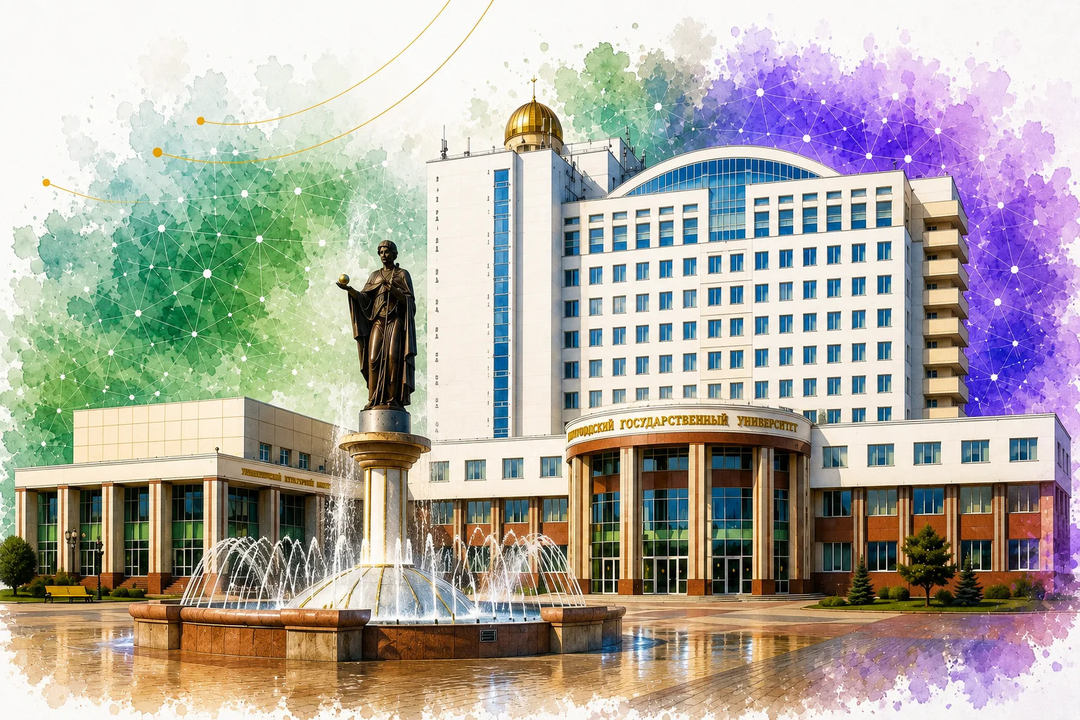 Главный корпус НИУ БелГУ и работающий университетский фонтан
